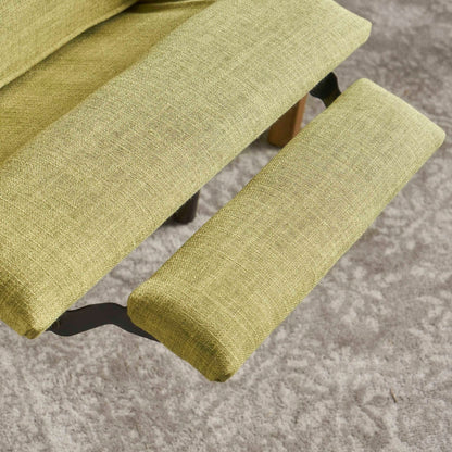 Poltrona reclinabile imbottita Mid-Century in tessuto verde con poggiapiedi, schienale con bottoni trapuntati e gambe in legno di faggio