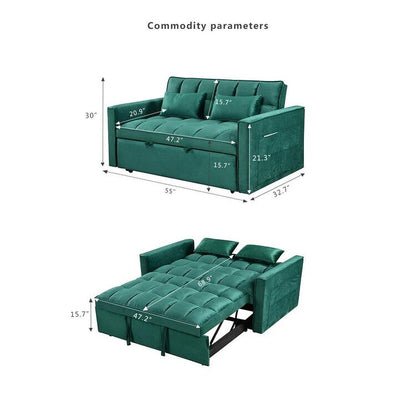 Divano letto trasformabile in flanella verde con contenitore