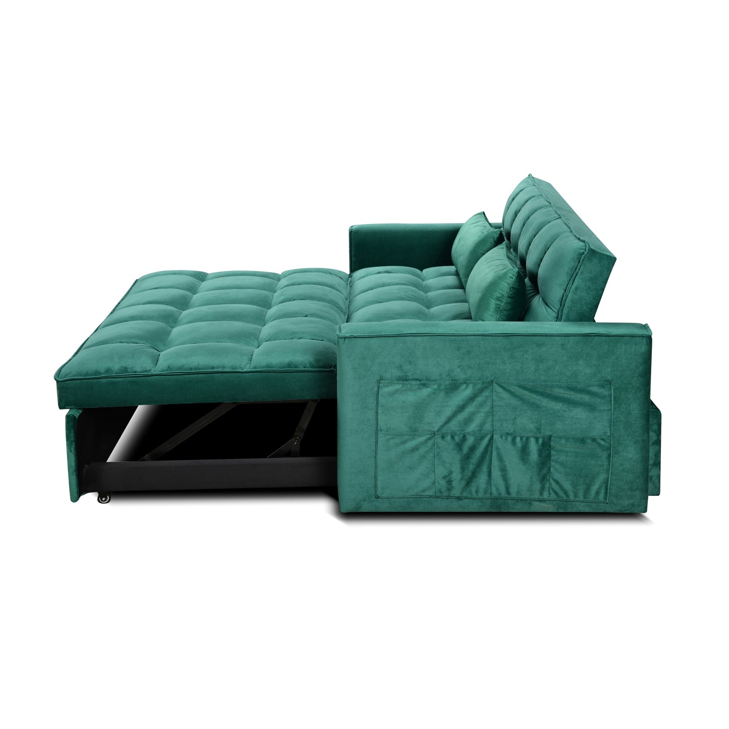 Divano letto trasformabile in flanella verde con contenitore