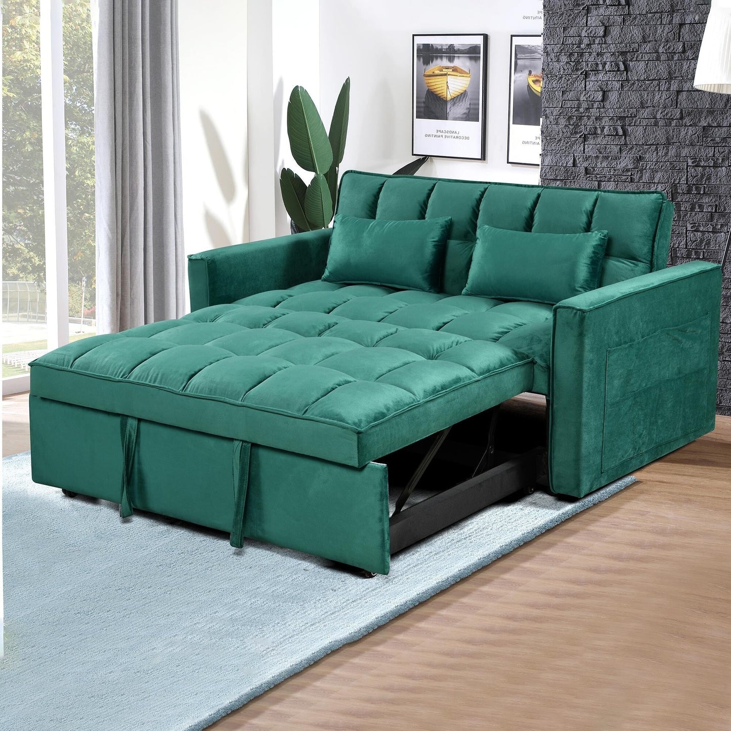 Divano letto trasformabile in flanella 3 in 1 Green Modern 55.12 con schienale regolabile e spazio di archiviazione per il soggiorno