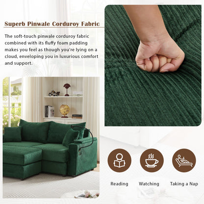 Divano a due posti in velluto a coste verde moderno da 72,8 pollici con poggiapiedi mobile, braccioli contenitivi, porta telefono e due porte USB