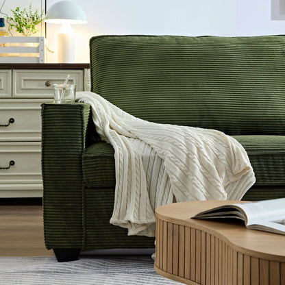 Divano a 3 posti in velluto a coste verde moderno 87.4 con seduta profonda, portabicchieri e borse portaoggetti per soggiorno