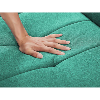 Divano letto moderno in lino verde con braccioli quadrati, struttura in legno di eucalipto e gambe in pioppo per soggiorno