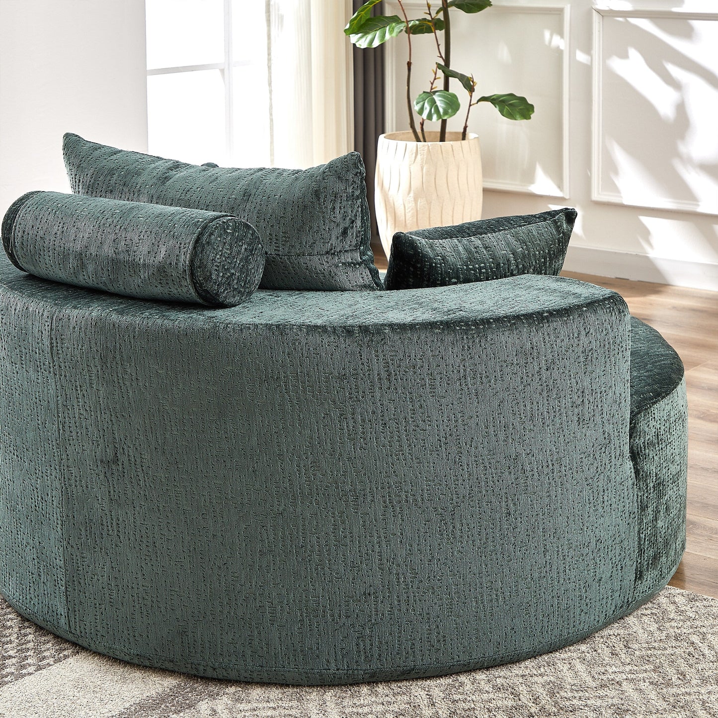 Divano letto singolo rotondo in ciniglia verde con cuscino per lo schienale