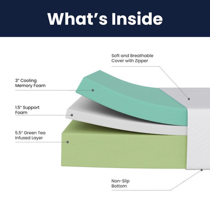 Materasso in memory foam a 3 strati con gel rinfrescante al tè verde in una scatola