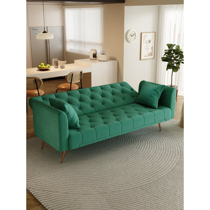 Divano letto trasformabile in velluto verde a 3 posti con cuscini decorativi