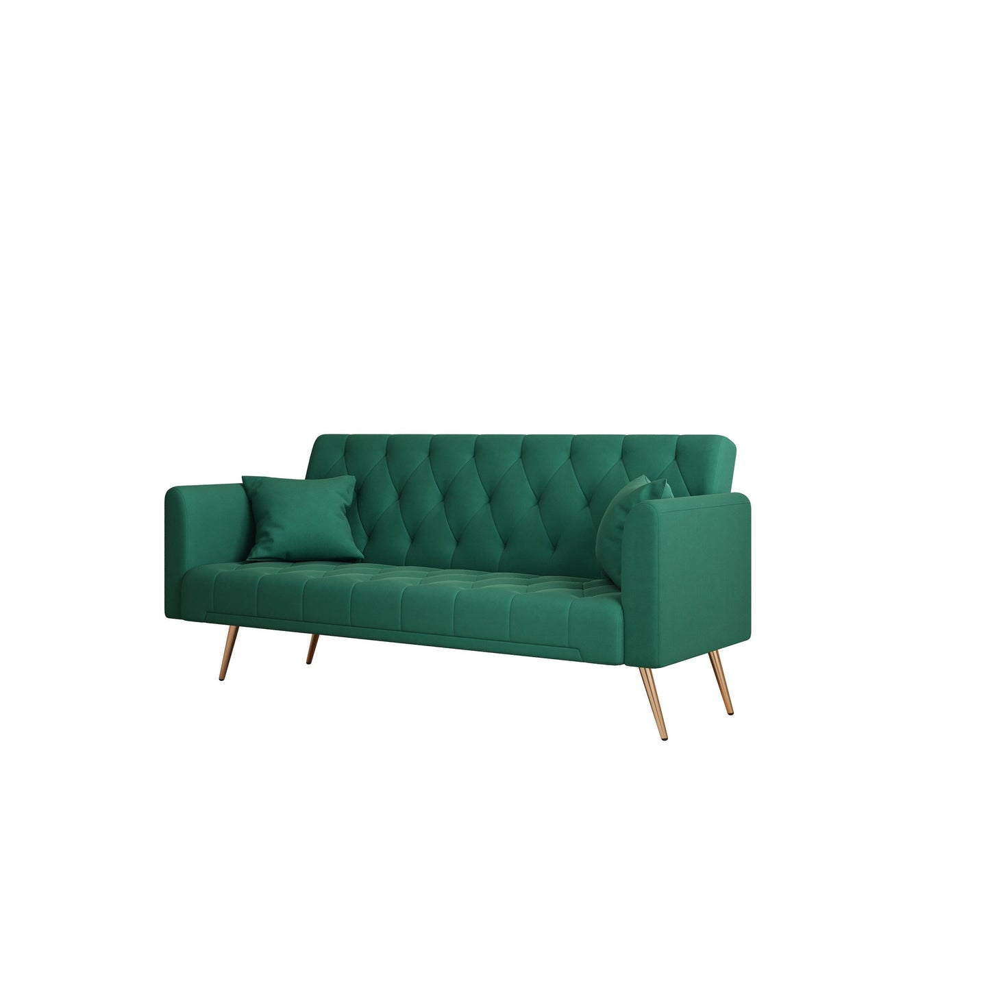 Divano letto trasformabile in velluto verde a 3 posti con cuscini decorativi
