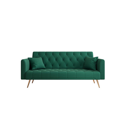 Divano letto trasformabile in velluto verde a 3 posti con cuscini decorativi