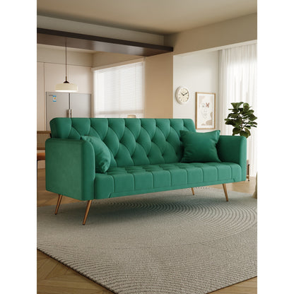 Divano letto trasformabile in velluto verde a 3 posti con cuscini decorativi