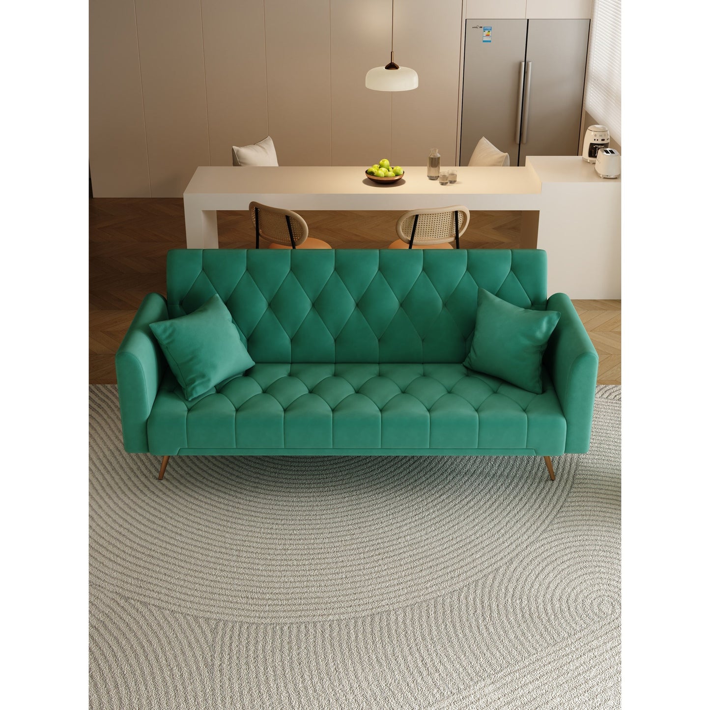 Divano letto trasformabile in velluto verde a 3 posti con cuscini decorativi