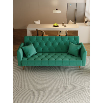 Divano letto trasformabile in velluto verde a 3 posti con cuscini decorativi