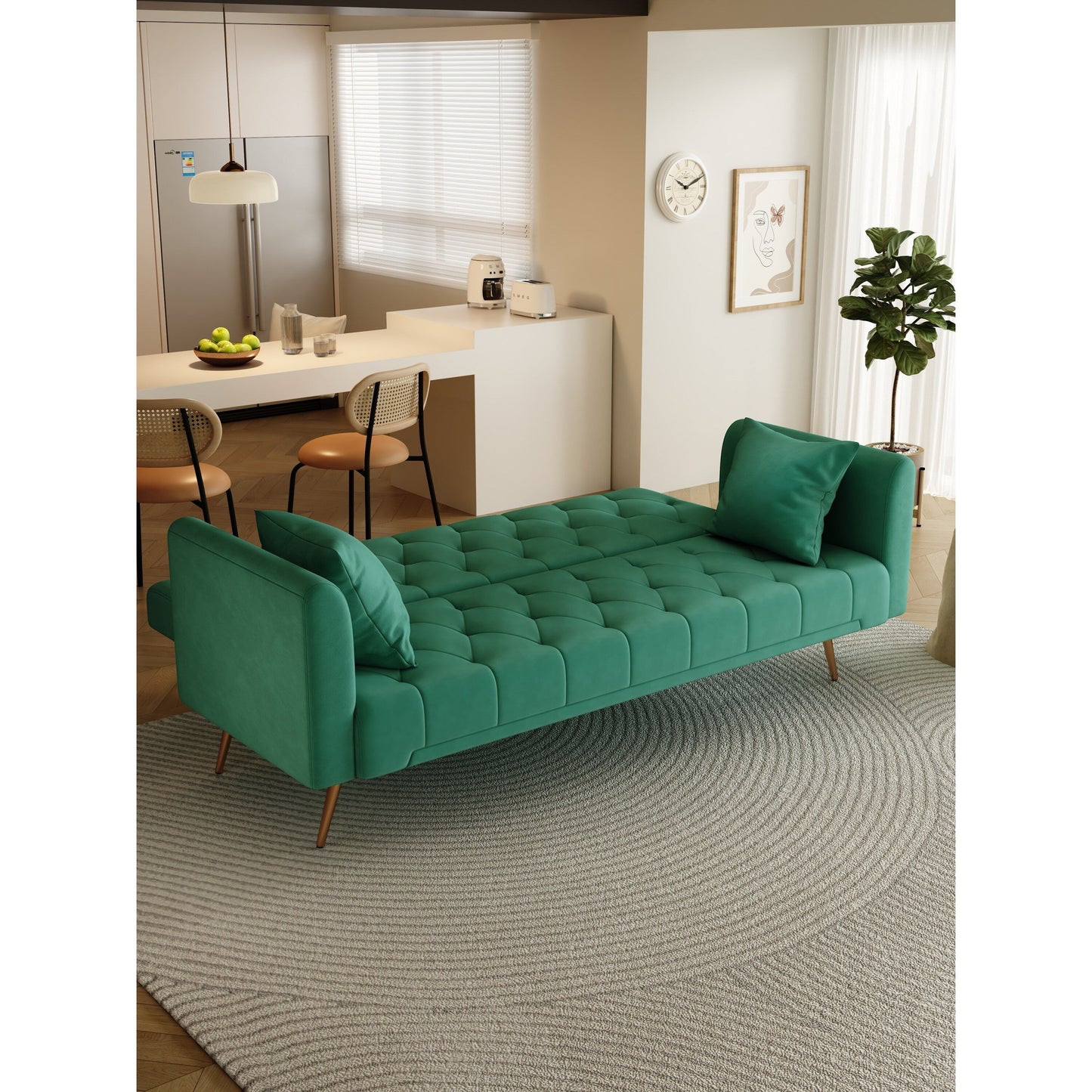 Divano letto trasformabile in velluto verde a 3 posti con cuscini decorativi