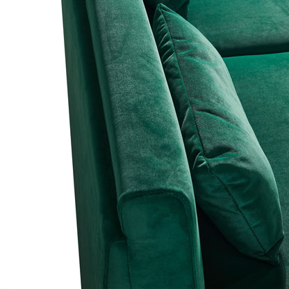 Divano a due posti rivestito in velluto verde con gambe dorate