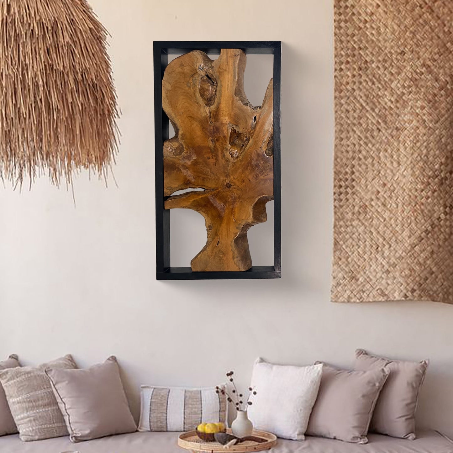 Decorazione da parete in teak Greenage, scultura da parete astratta con bordo vivo