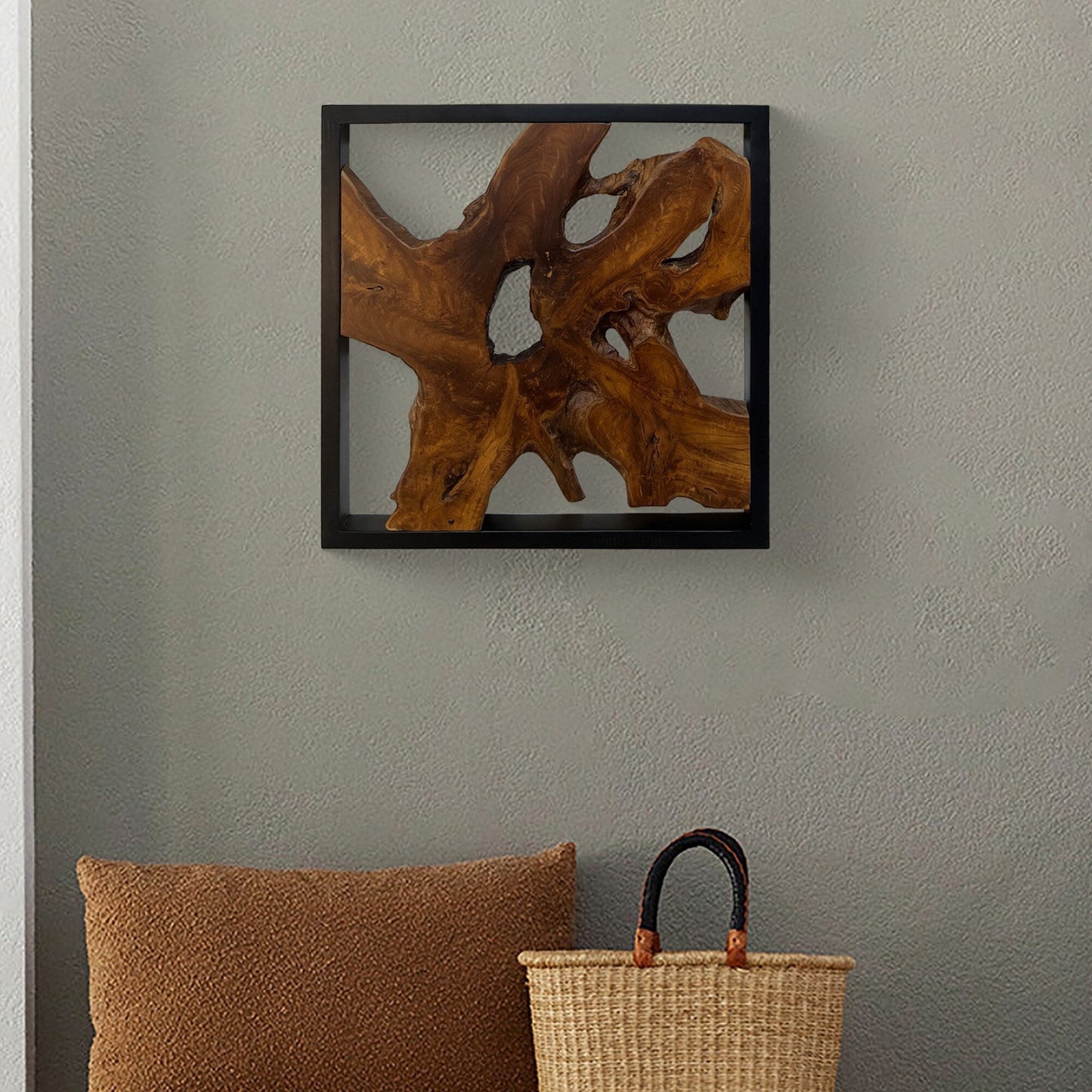 Decorazione da parete in teak Greenage, scultura da parete astratta con bordo vivo