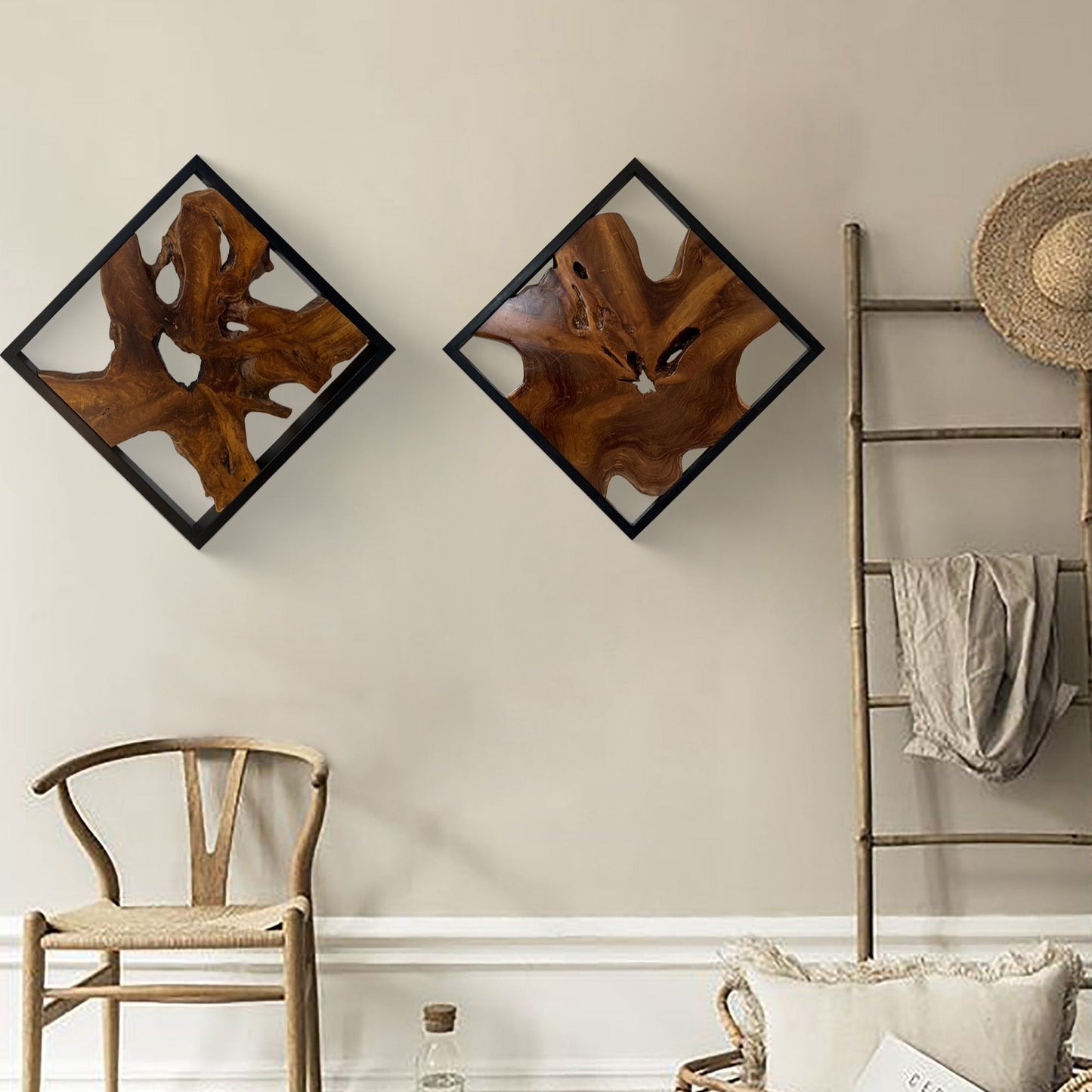 Decorazione da parete in teak Greenage, scultura da parete astratta con bordo vivo