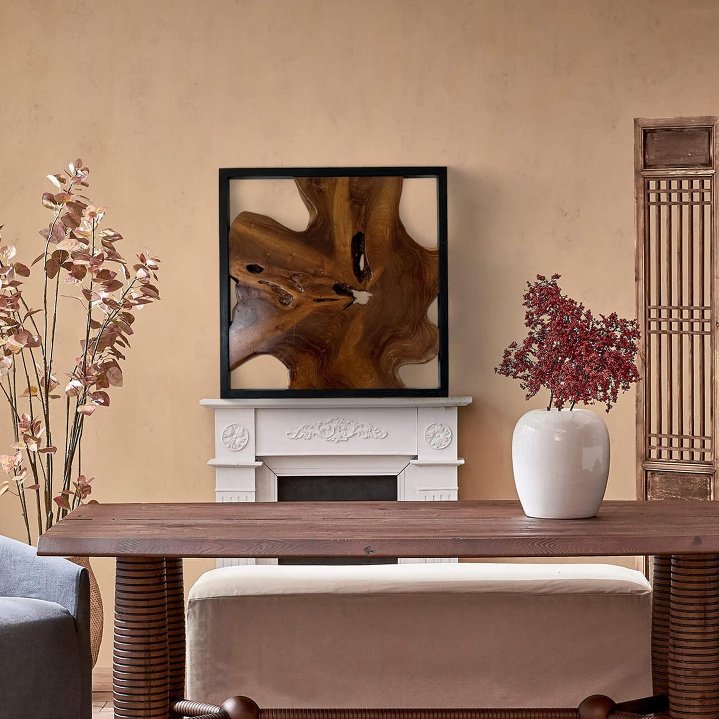 Decorazione da parete in teak Greenage, scultura da parete astratta con bordo vivo