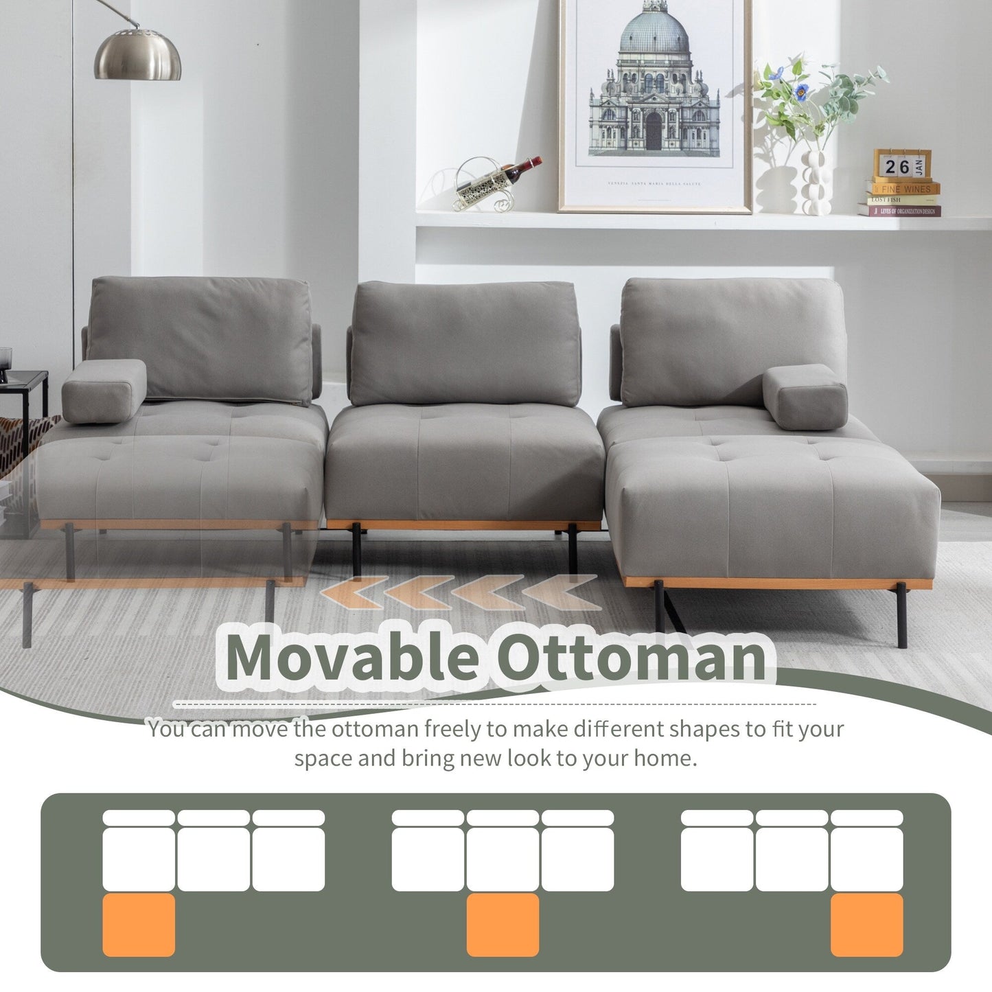 Divano a L in tessuto grigio da 100,7'', 3 posti con gambe in metallo, pouf mobile e cuscini posteriori rimovibili