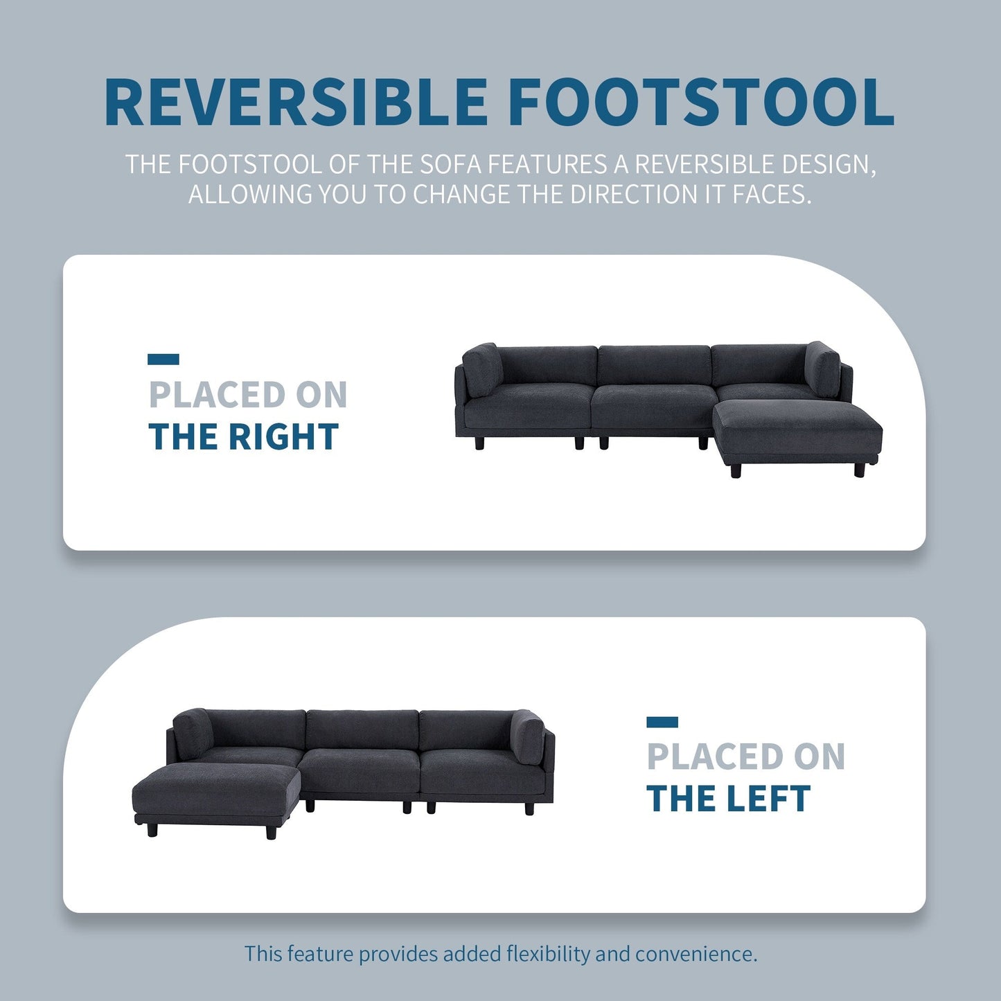 Divano componibile a L grigio da 102,4'' in poliestere con poggiapiedi reversibile e gambe resistenti