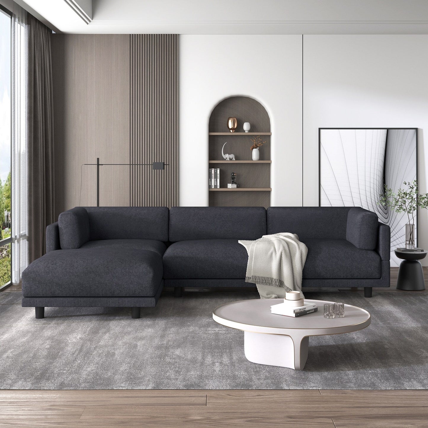 Divano a 3 posti a forma di L in poliestere grigio da 102,4'' con poggiapiedi reversibile, cuscini spessi e gambe in plastica resistente