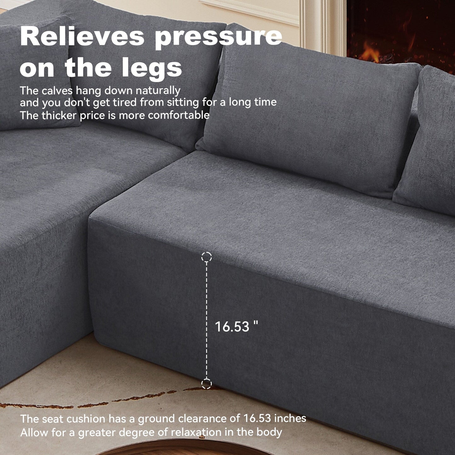 Divano componibile a L in tessuto grigio da 107,48'' a 3 posti con chaise longue e cuscini da 16,53 pollici