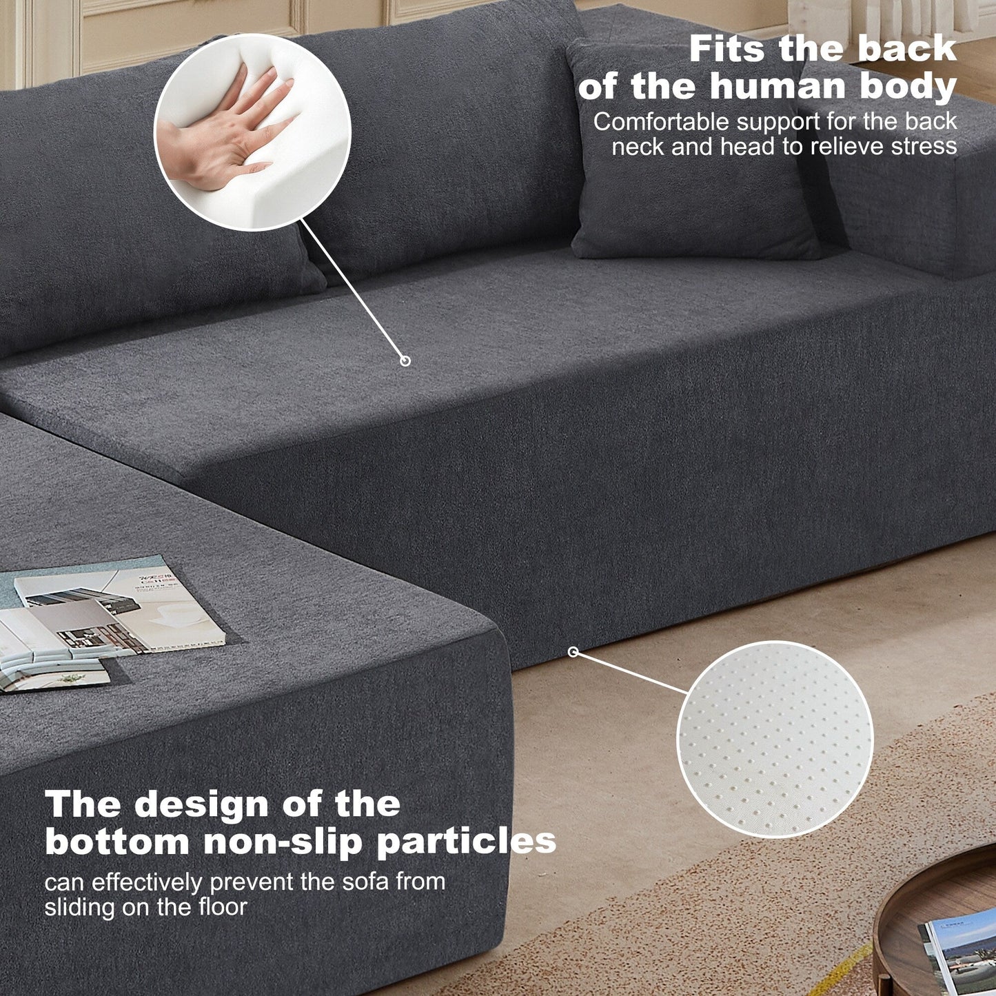 Divano componibile a 3 posti in tessuto grigio a forma di L da 107,48'' con cuscini da 16,53'' e chaise longue, design a 2 pezzi