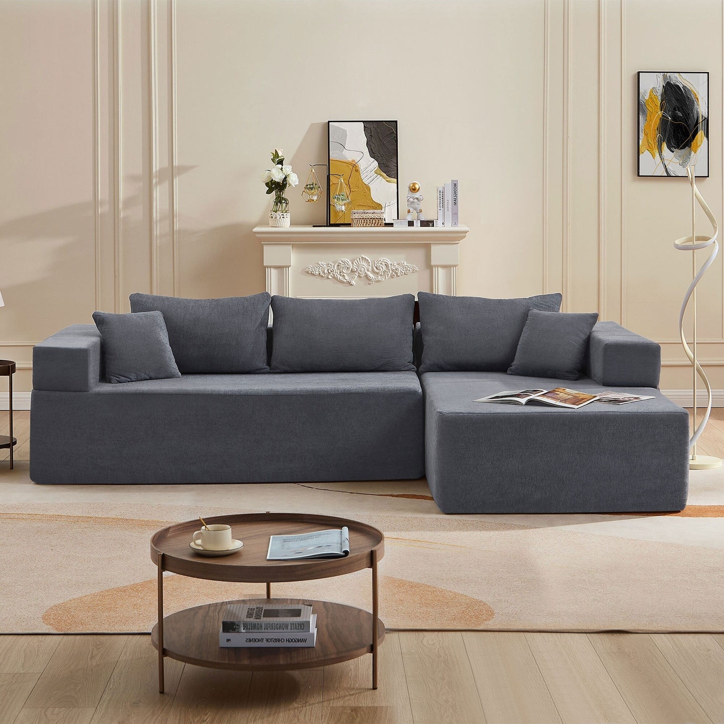 Divano componibile a 3 posti in tessuto grigio a forma di L da 107,48'' con cuscini da 16,53'' e chaise longue, design a 2 pezzi