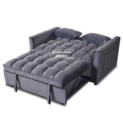 Divano letto trasformabile 3 in 1 in velluto grigio, divano estraibile con tasche laterali, prodotto in Vietnam