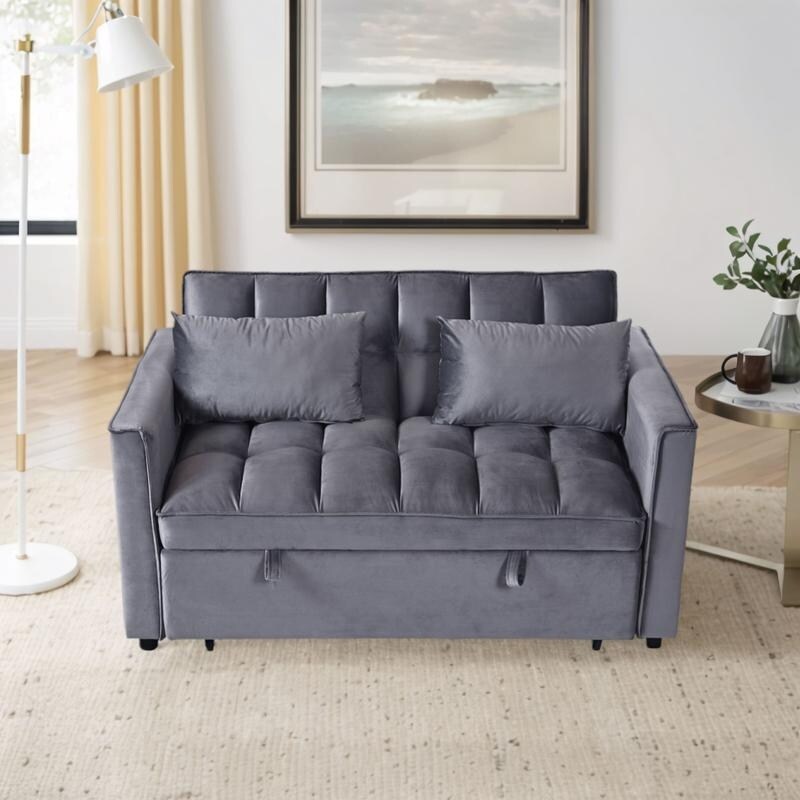 Divano letto trasformabile 3 in 1 in velluto grigio, divano estraibile con tasche laterali, prodotto in Vietnam