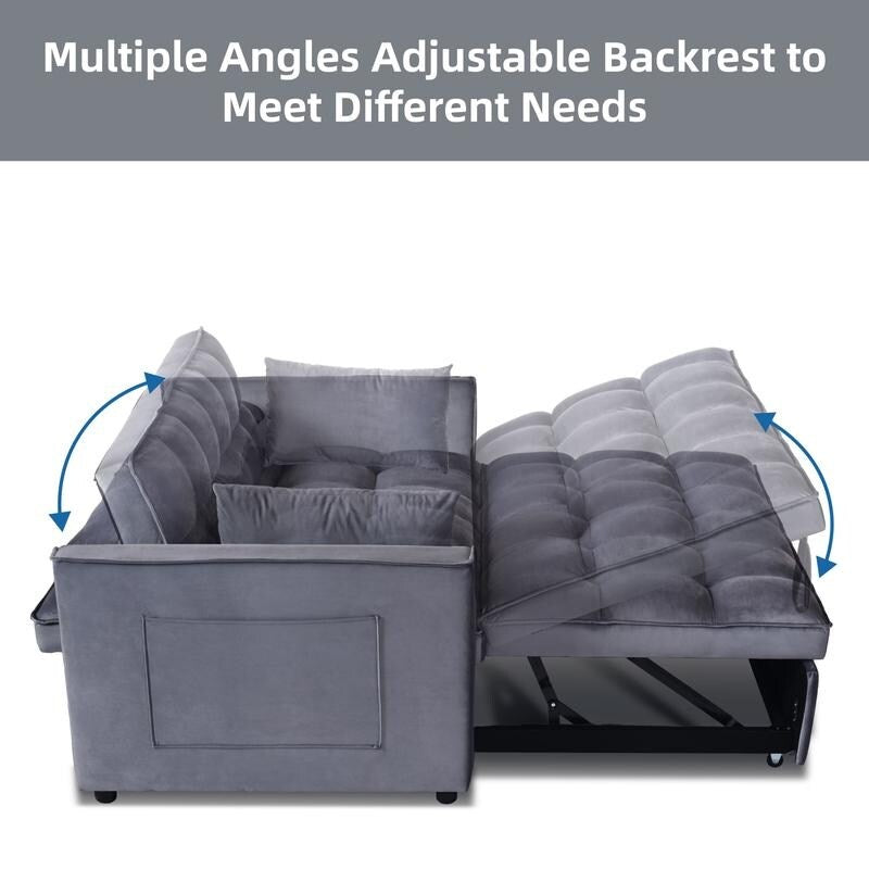 Divano letto trasformabile 3 in 1 in velluto grigio, divano estraibile con tasche laterali, prodotto in Vietnam
