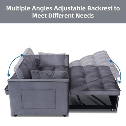 Divano letto trasformabile 3 in 1 in velluto grigio, divano estraibile con tasche laterali, prodotto in Vietnam
