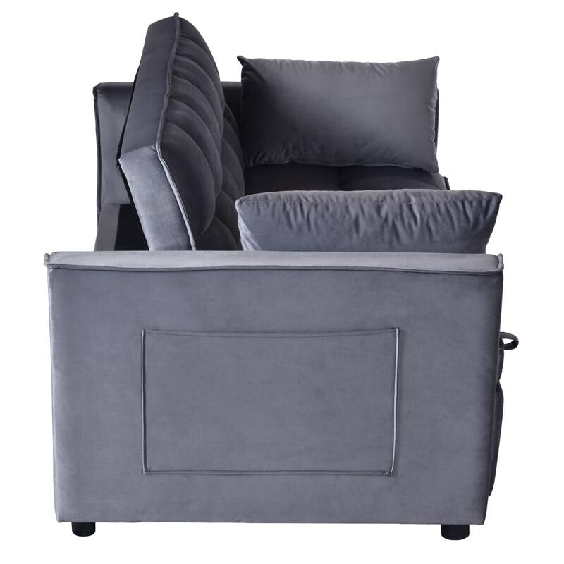 Divano letto trasformabile 3 in 1 in velluto grigio, divano estraibile con tasche laterali, prodotto in Vietnam
