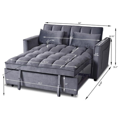Divano letto trasformabile 3 in 1 in velluto grigio, divano estraibile con tasche laterali, prodotto in Vietnam