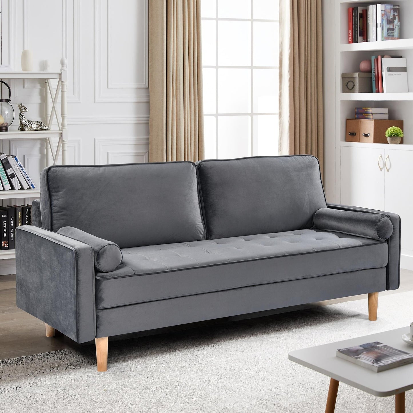 Divano grigio a 3 posti con cuscino in cotone