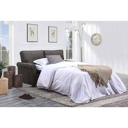 Divano a due posti in lino grigio 57,1 con braccioli arrotolati, materasso in memory foam e gambe in plastica per soggiorno