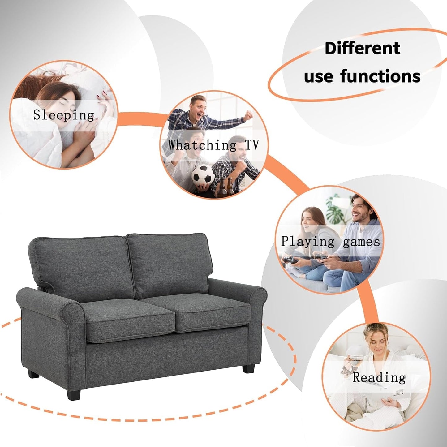 Divano a due posti in lino grigio 57,1 con braccioli arrotolati, materasso in memory foam e gambe in plastica per soggiorno