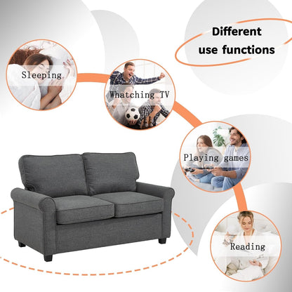 Divano a due posti in lino grigio 57,1 con braccioli arrotolati, materasso in memory foam e gambe in plastica per soggiorno