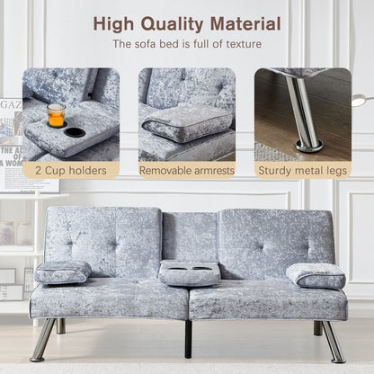 Divano letto futon in velluto grigio 66.1 con braccioli rimovibili e portabicchieri per soggiorno