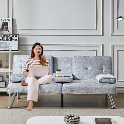 Divano letto futon in velluto grigio 66.1 con braccioli rimovibili e portabicchieri per soggiorno