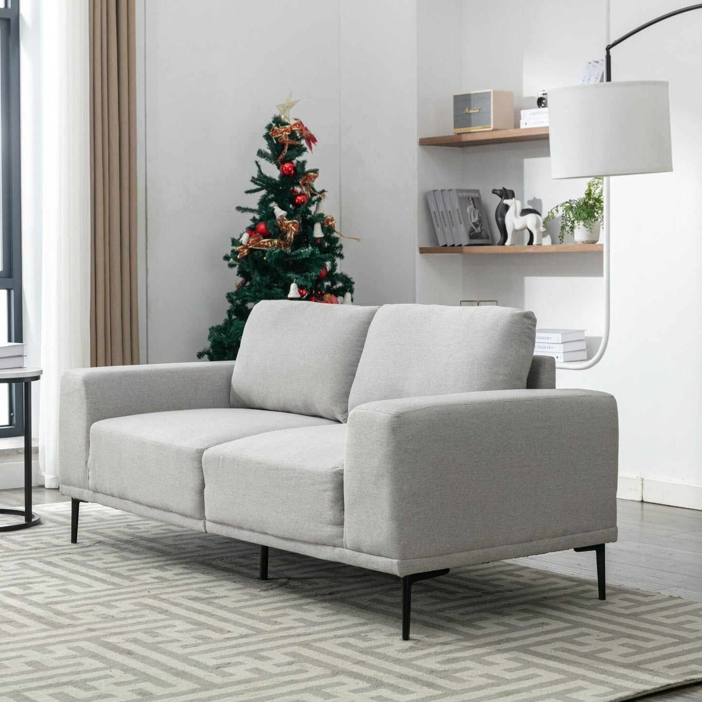 Divano moderno in tessuto grigio 74,8 a 2 posti con gambe in ferro e comodi cuscini, ideale per appartamenti e camere da letto