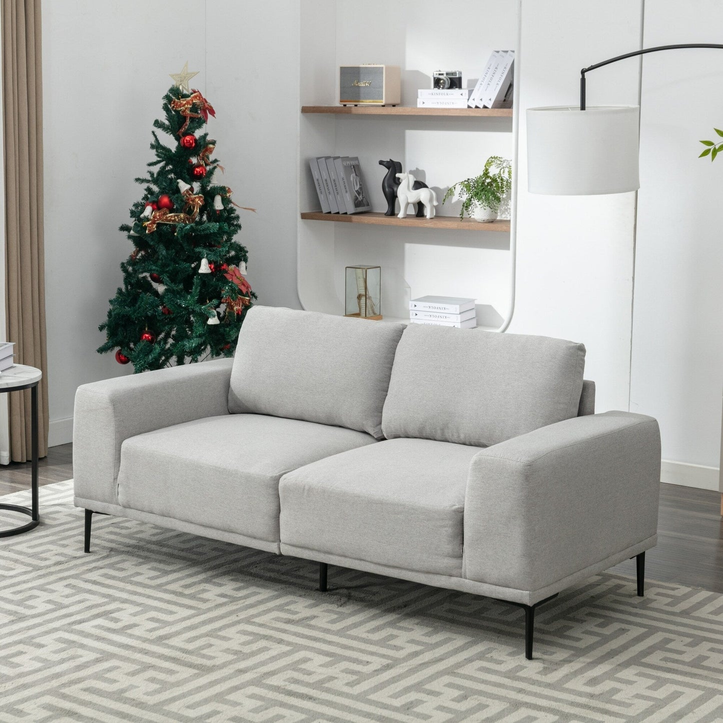 Divano moderno in tessuto grigio 74,8 a 2 posti con gambe in ferro e comodi cuscini, ideale per appartamenti e camere da letto