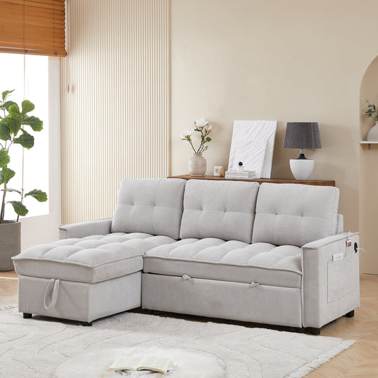 Divano letto a L grigio da 78,75'' a 3 posti con letto estraibile, chaise longue contenitore, porte USB e Type-C e organizer laterale