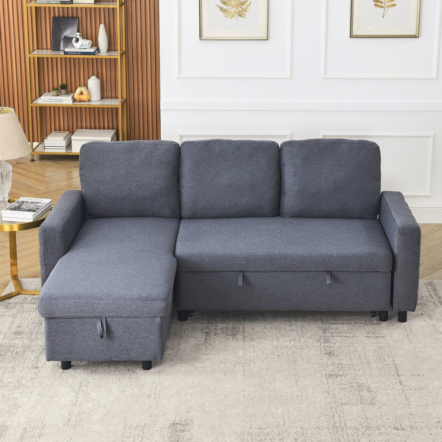 Divano componibile a L in lino grigio 78,8 con chaise longue reversibile, contenitore e schiuma ad alta densità
