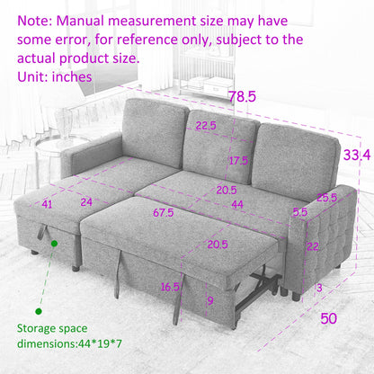 Divano componibile a L in lino grigio 78,8 con chaise longue reversibile, contenitore e schiuma ad alta densità