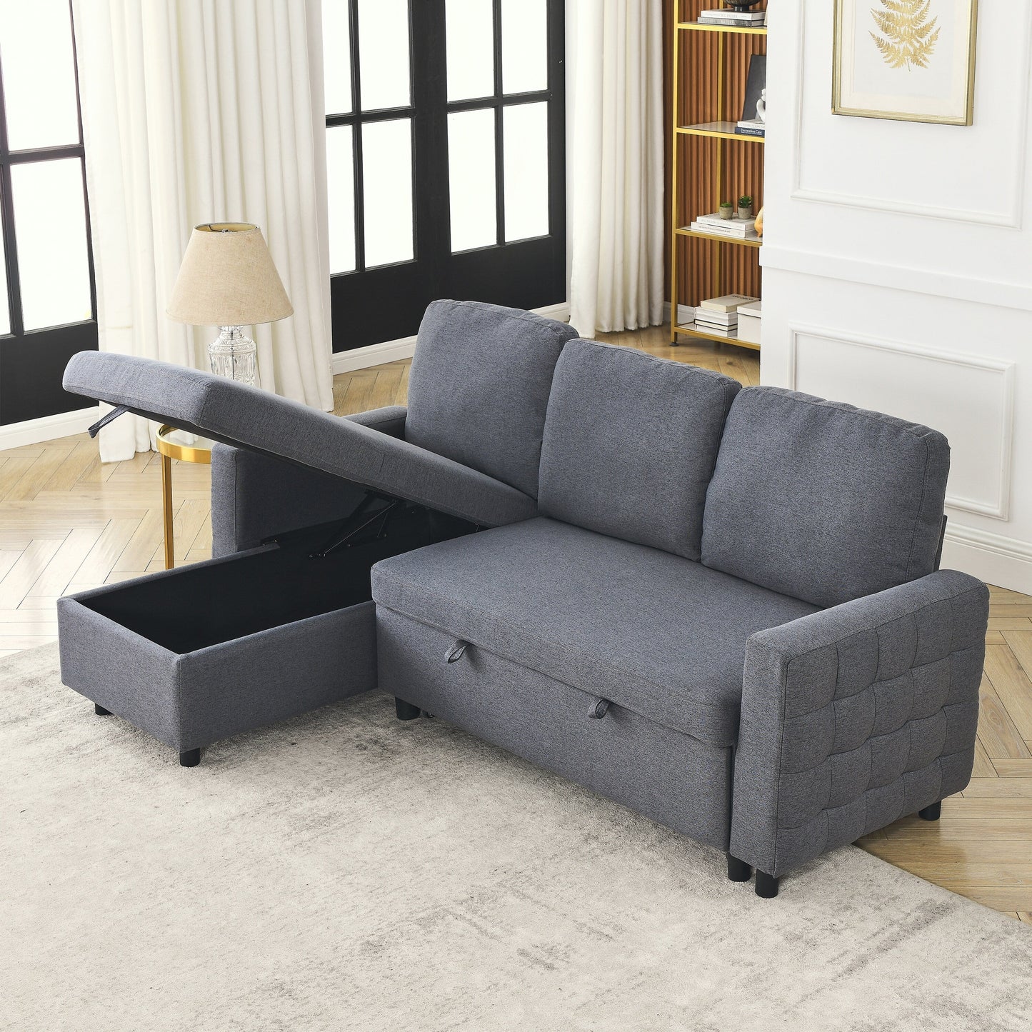 Divano componibile a L in lino grigio da 78,8'' con funzione estraibile, design convertibile e chaise longue contenitore