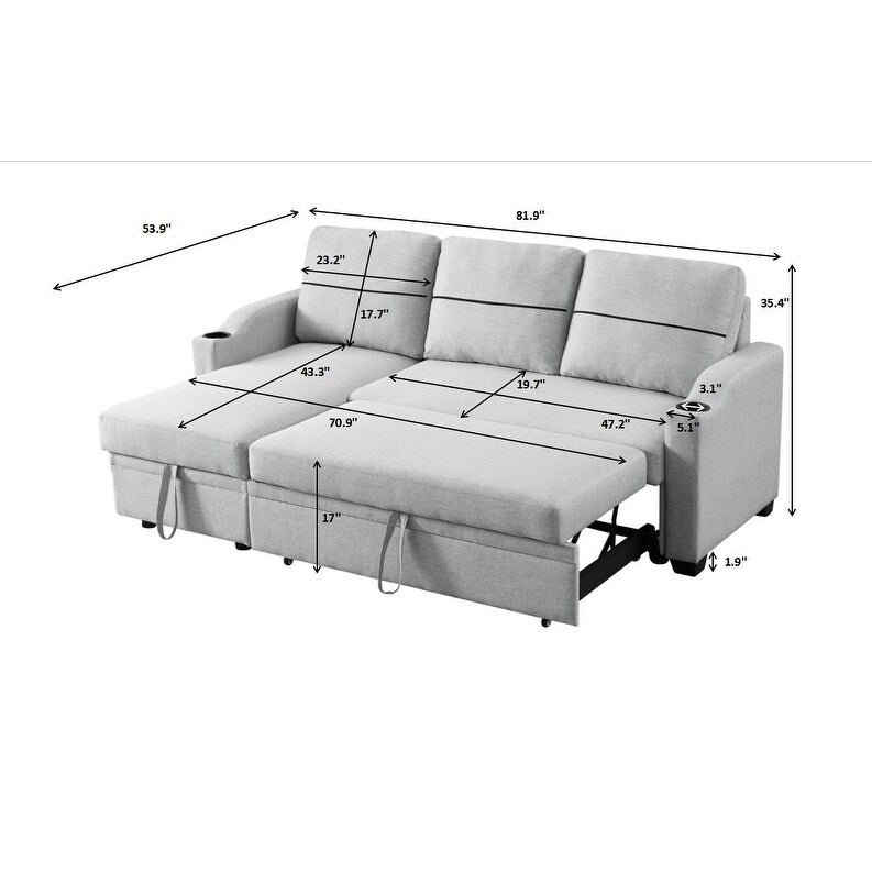 Divano in tessuto grigio 81.9 con chaise longue, struttura in legno, contenitore e ruote in gomma