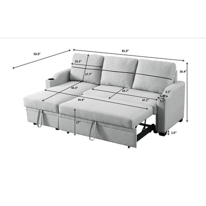 Divano in tessuto grigio 81.9 con chaise longue, struttura in legno, contenitore e ruote in gomma