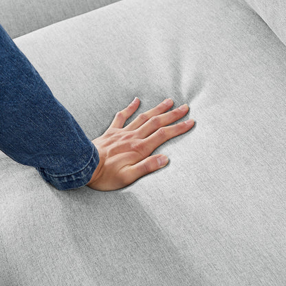 Divano in tessuto grigio 81.9 con chaise longue, struttura in legno, contenitore e ruote in gomma