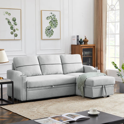 Divano in tessuto grigio 81.9 con chaise longue, struttura in legno, contenitore e ruote in gomma