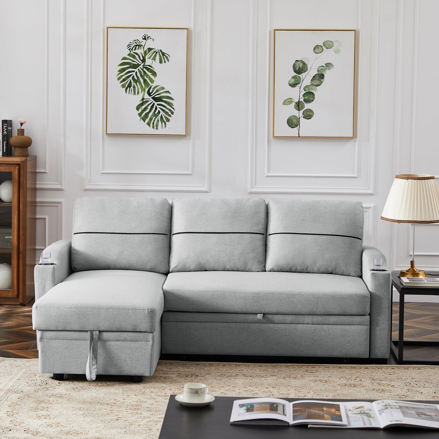 Divano in tessuto grigio 81.9 con chaise longue, struttura in legno, contenitore e ruote in gomma